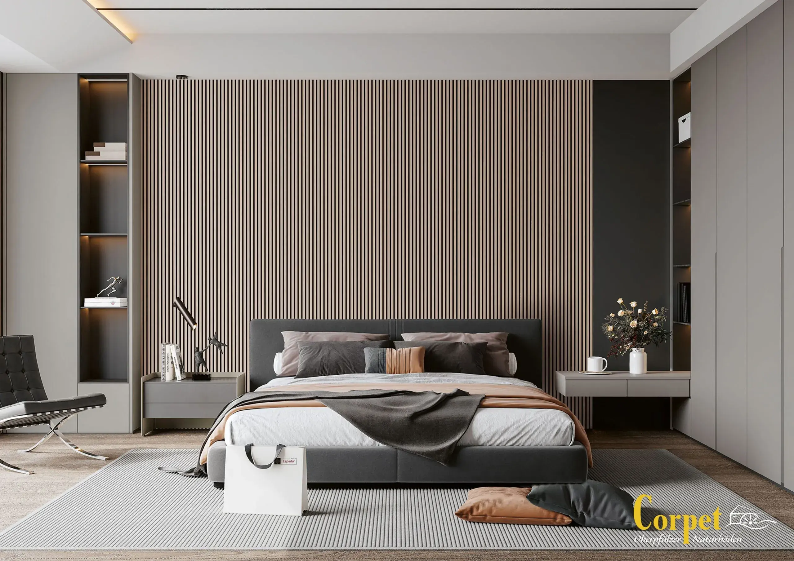 Corpet Naturboden Schlafzimmer mit Bett und Wandpaneele